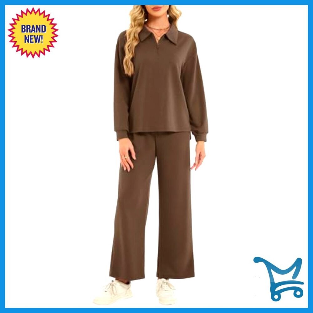 2-Piece Lounge Set Zip-Up Top Wide Leg Pants Travel Casual Outfit - Picture 2 of 7